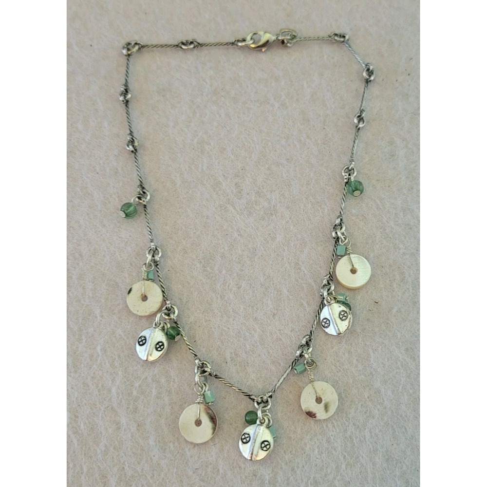 Artisan Boho Charm Bracelet Silver Tone Green Beads Mixed Media 8in